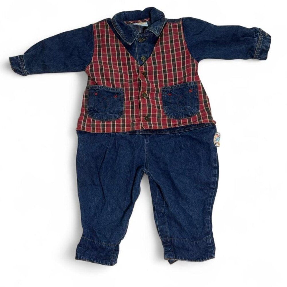 VTG Glynne Percy Friemanit Denim Boys One Piece Outfit 18M Plaid Lumberjack